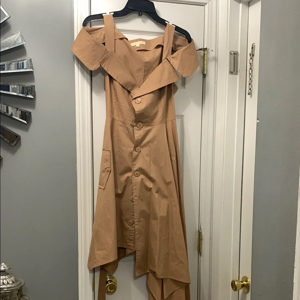 Elegant Tan Off-Shoulder Dress by Hot and Delicious - Picture 1 of 10